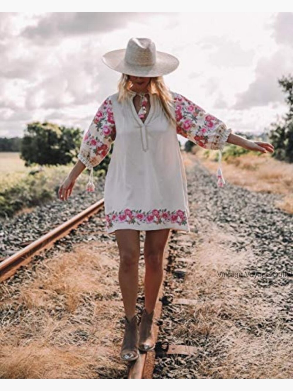 Cotton Mini Dress with Floral Embroidery 3/4 Sleeve Loose Fit - Picture 6 of 7